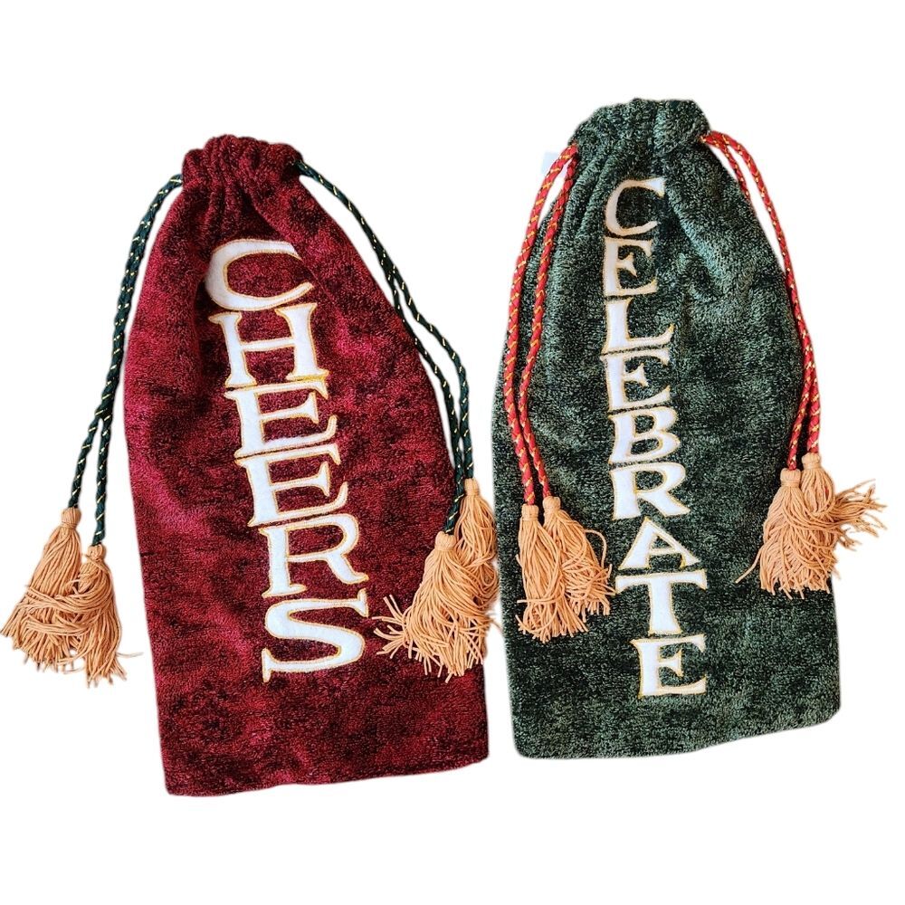 At Home America Plush Embroidered Wine Bags Set of 2 Cheers & Celebrate NWT